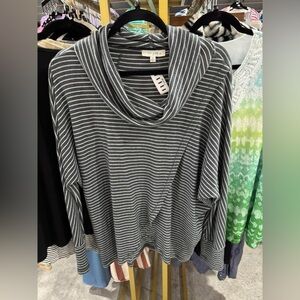 Umgee Gray and White Striped Cowl Neck Sweater